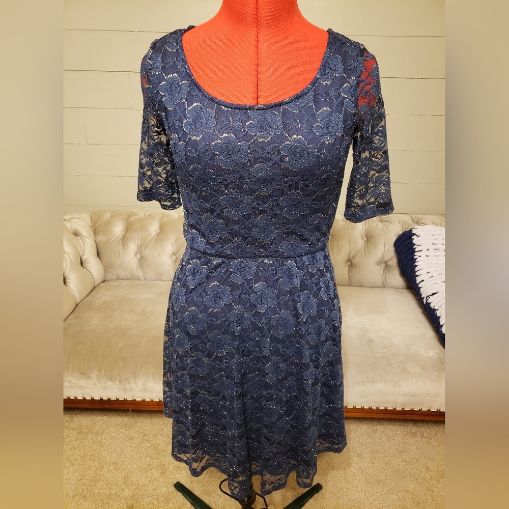 Beautiful navy blue lace dress with gold accents